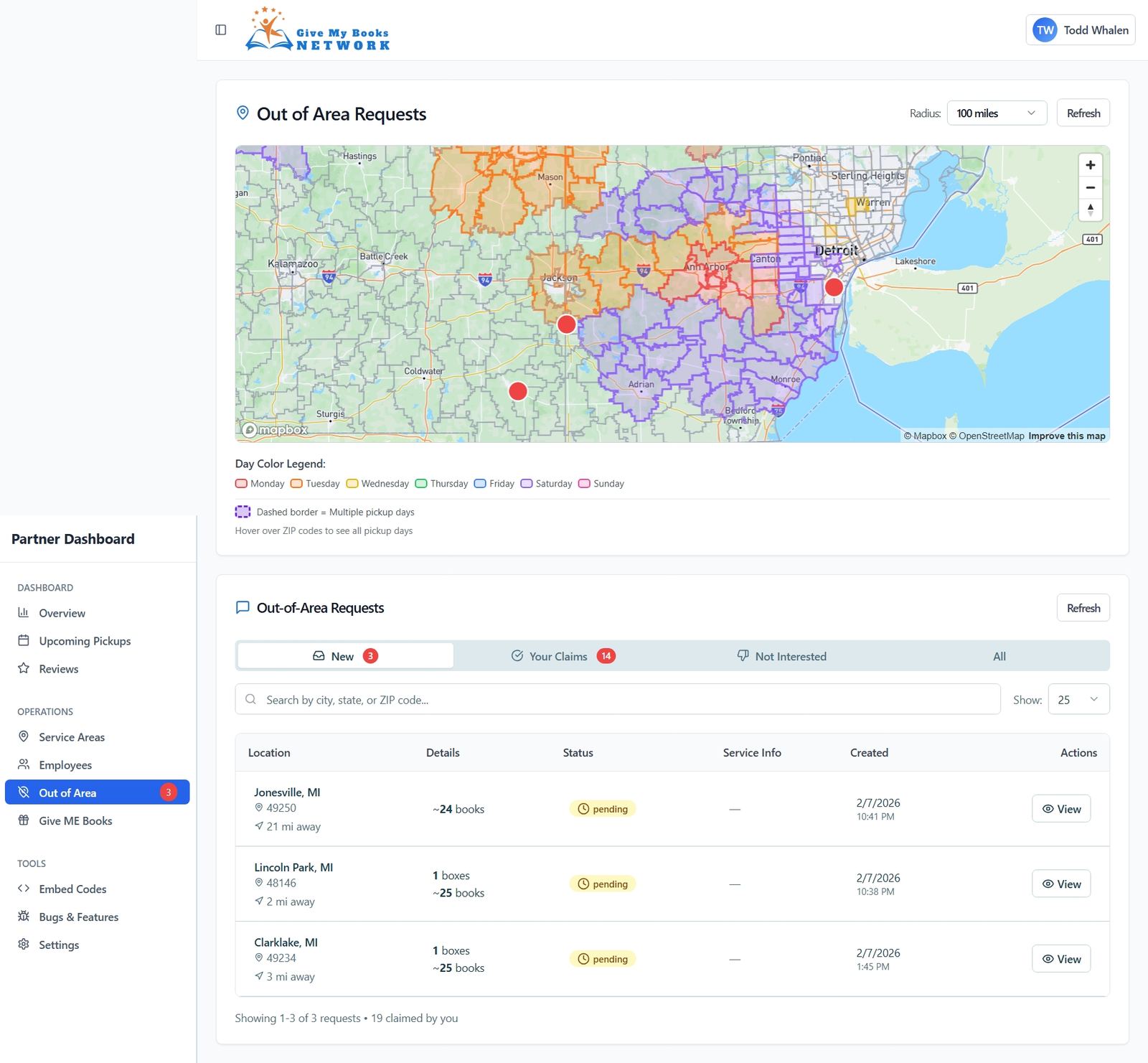 Out of Area Request System showing unclaimed pickup opportunities