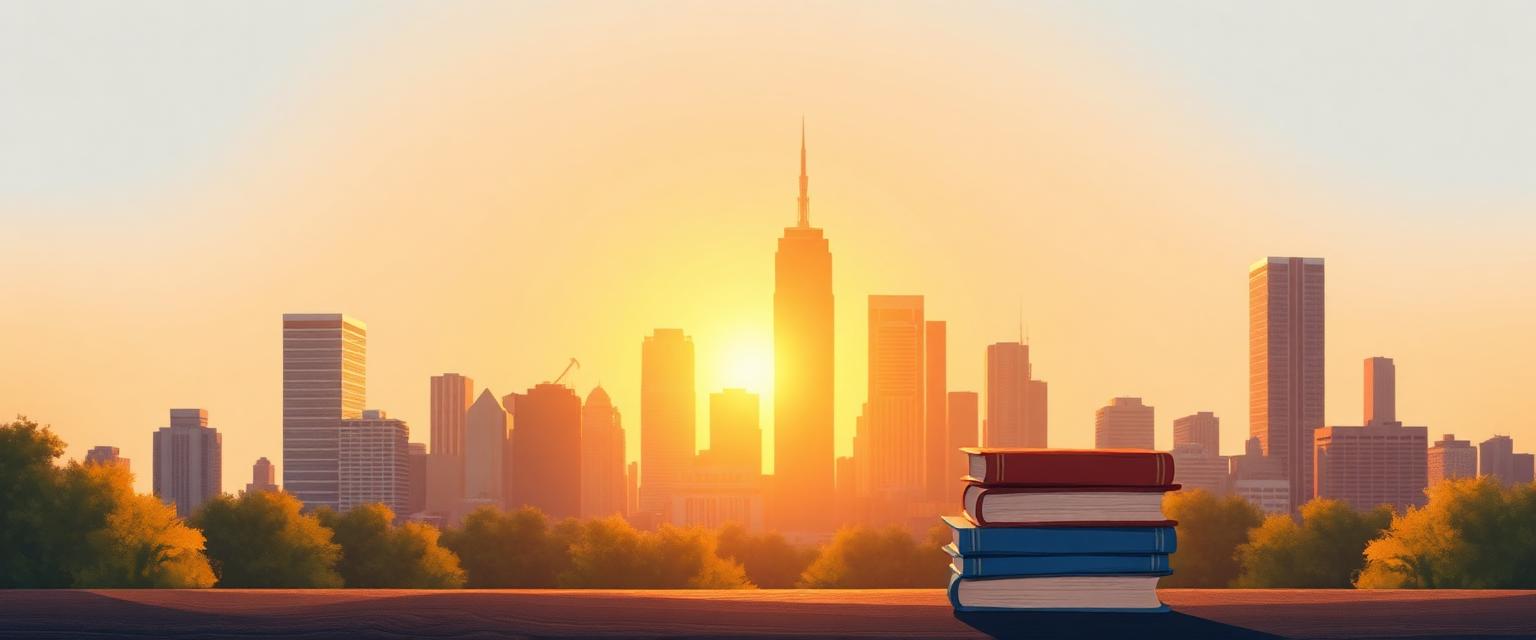 A stylized city skyline at golden hour with books in the foreground