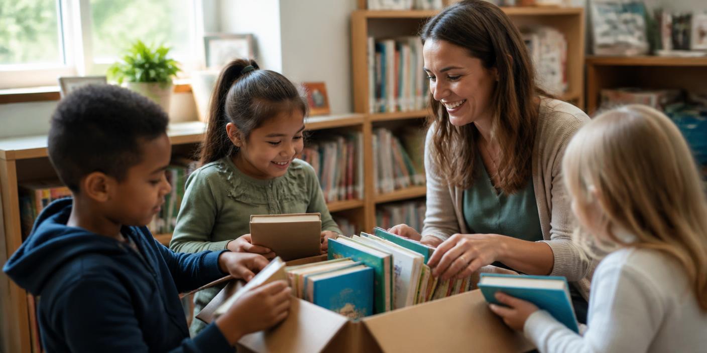 A teacher and children unpacking a box of donated books in a classroom library