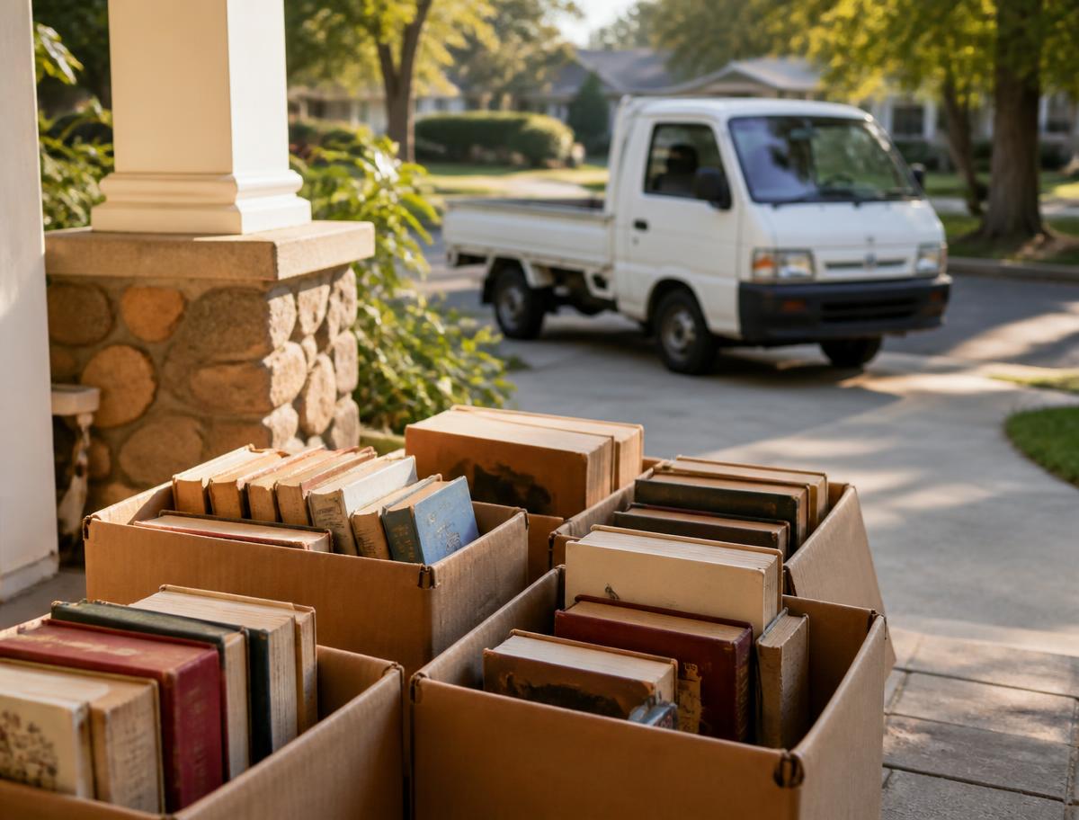 Boxes of used books waiting on a front porch as a Pick-Up Partner van arrives