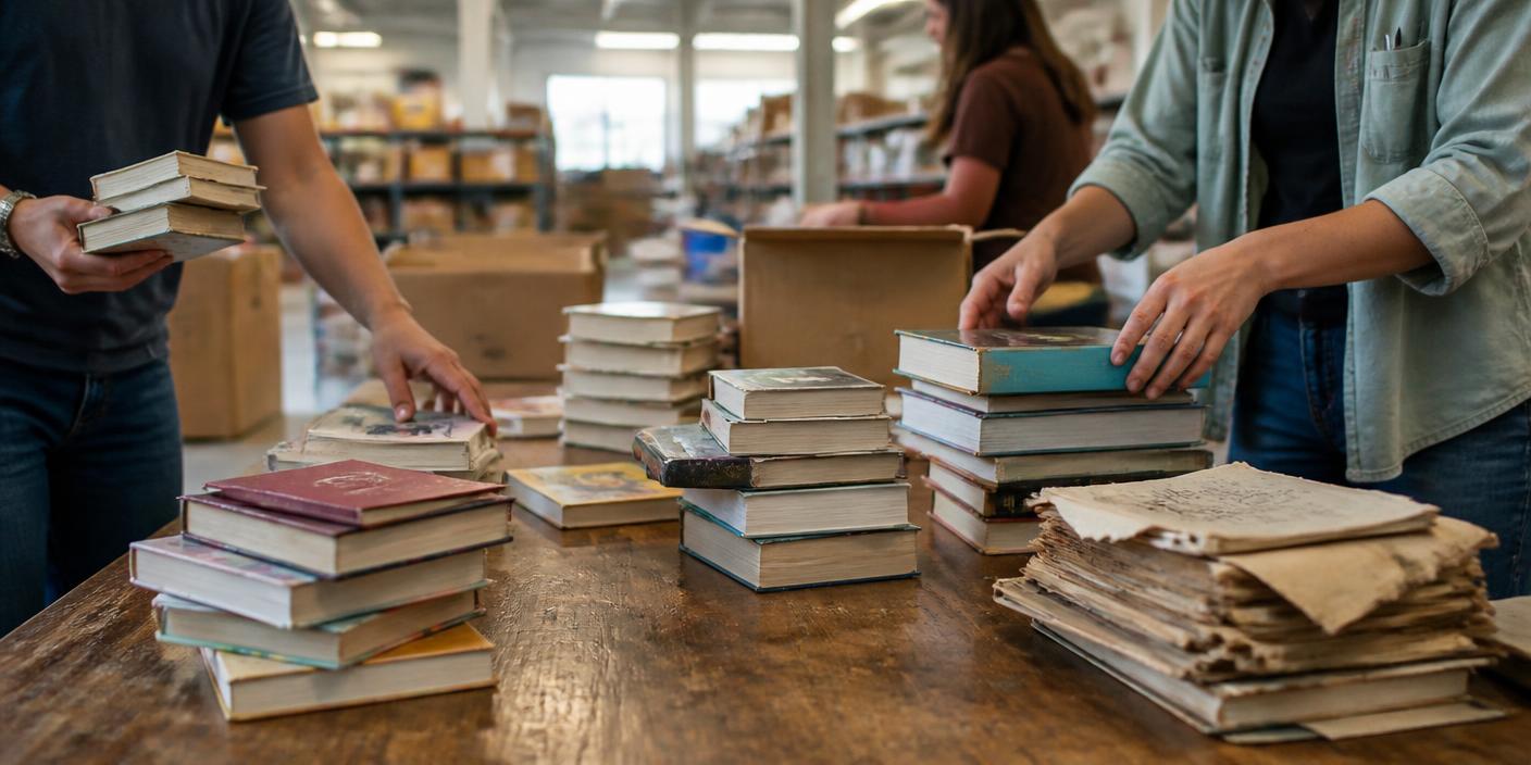Volunteers sorting donated books into piles on a warehouse table