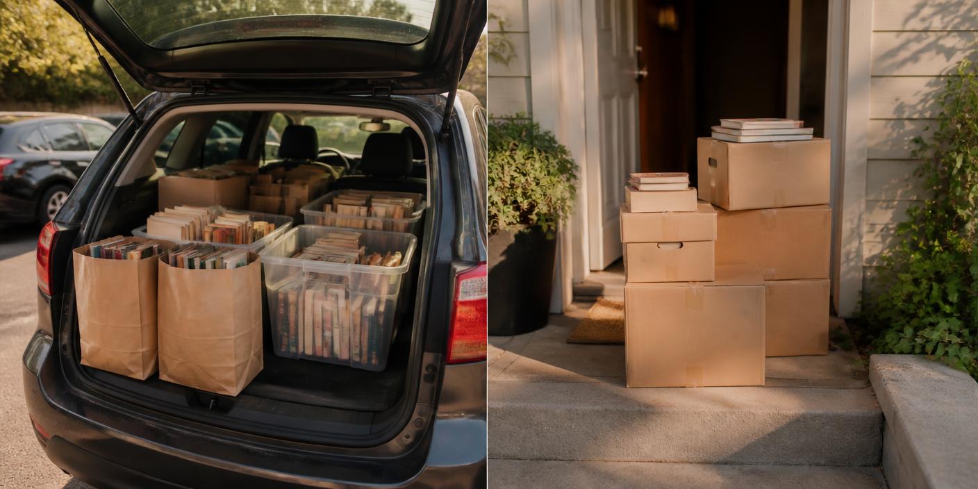 A car trunk loaded with bags of books beside a stack of boxes on a doorstep