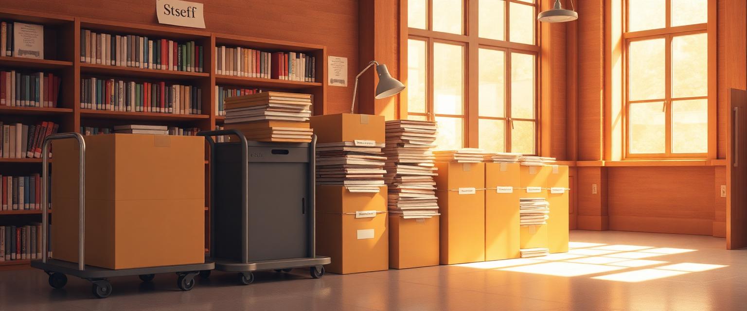 Boxes of donated books stacked on a cart in a library workroom