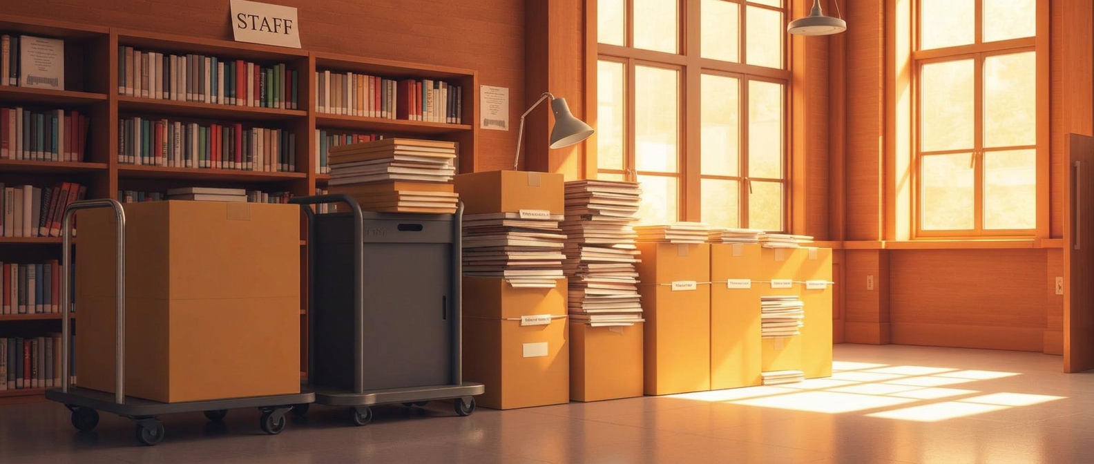 Boxes of donated books stacked on a cart in a library workroom