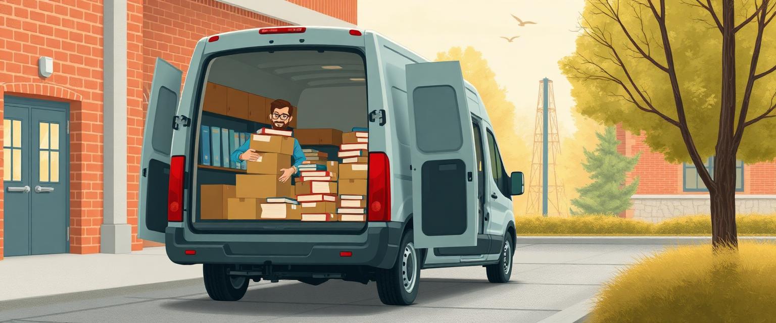 A Pick-Up Partner loading boxes of books from a library loading dock into a van