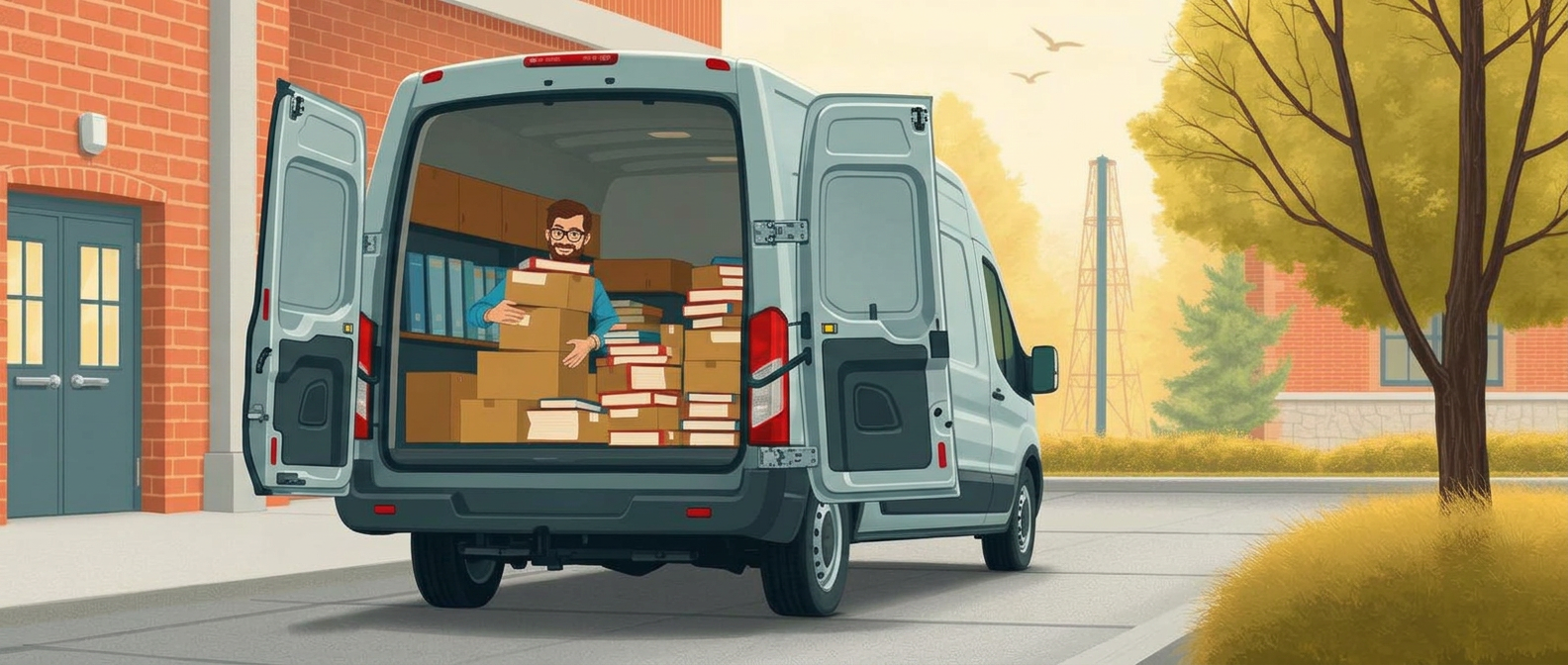 A Pick-Up Partner loading boxes of books from a library loading dock into a van