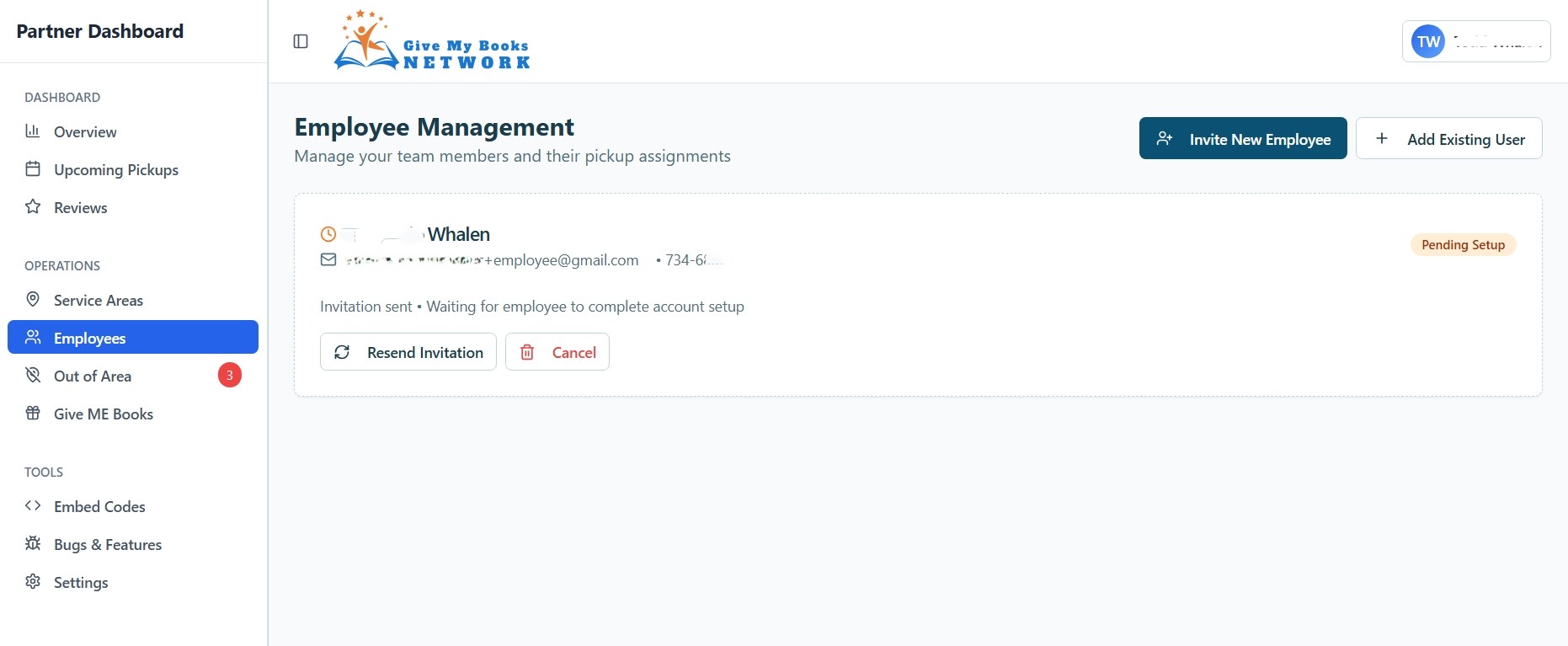 Employee management screen for inviting staff and assigning pickups