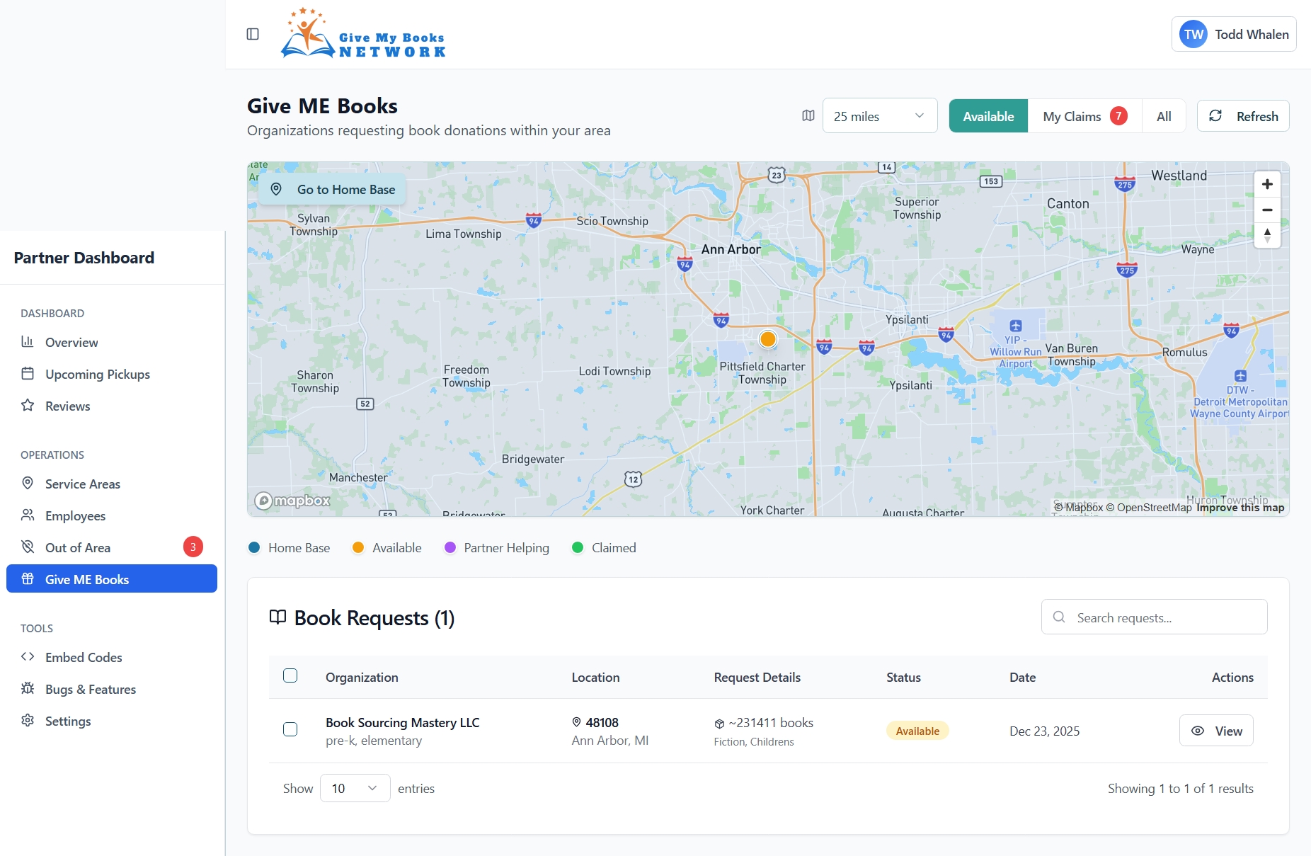 Partner Dashboard showing the Give ME Books tab with book requests from organizations
