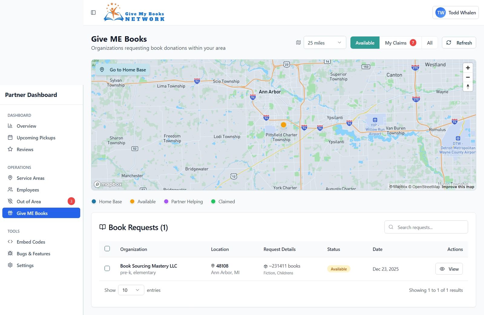 Partner Dashboard showing the Give ME Books tab with book requests from organizations